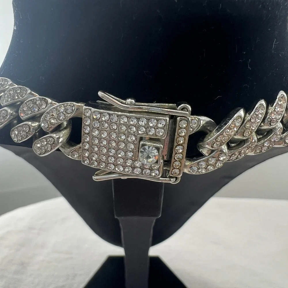 Miami Cuban Link Silver tone with rhinestones Necklace.